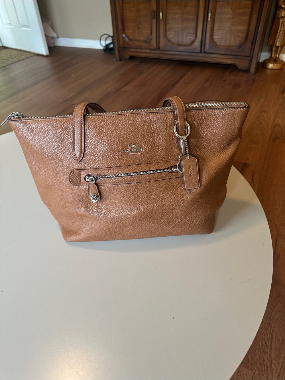Coach Tan Pebbled Leather Tote with Front Zip Pocket